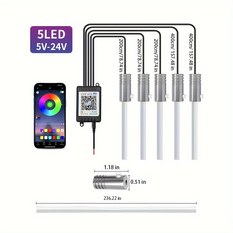 1 Set Interior Car LED Strip Lights, Kit with Wireless App, RGB 5 in 1 Ambient Lighting Kits with 236 inches Fiber Optic, 16 Million Colors Car Neon Lights, Sync to Music, Universal 5V 12V