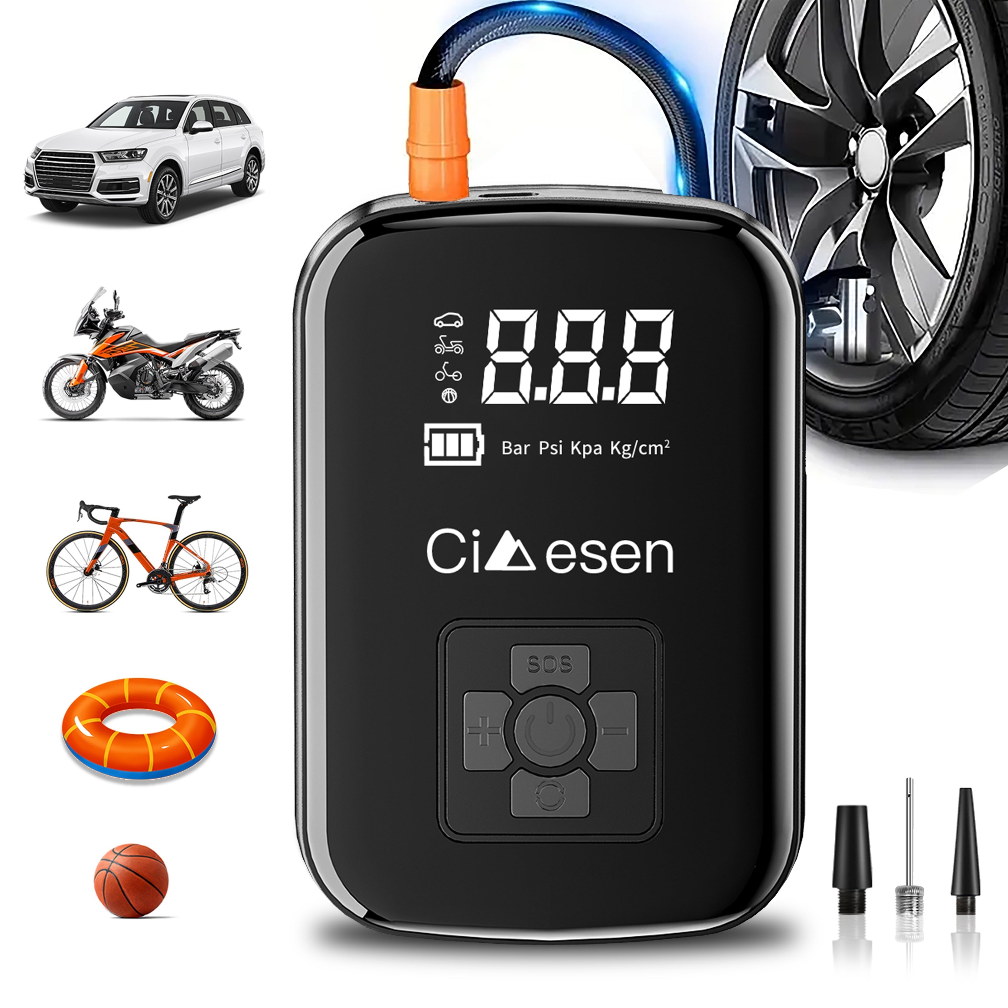 1pc Portable Tire Inflator with Digital Display - Fast Cordless Air Compressor, USB Rechargeable, Multi-Function Nozzle Adapter, Long-Lasting Lithium Battery for Car, Motorcycle, Bicycle Tires & Balls - Auto Parts, Tire Infla