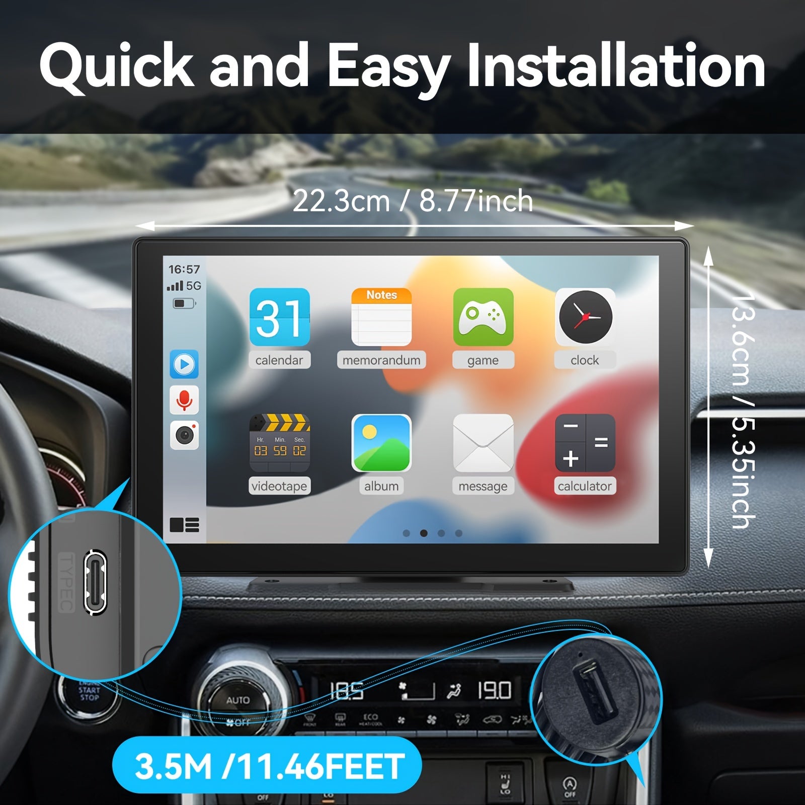 9" Wireless Carplay Screen for Car Stereo - Universal Smart System with Dash Cam, 64G TF Card, GPS Navigation, Mirror Link, FM, Phone Holder Replacement, and Voice Control for All Vehicles