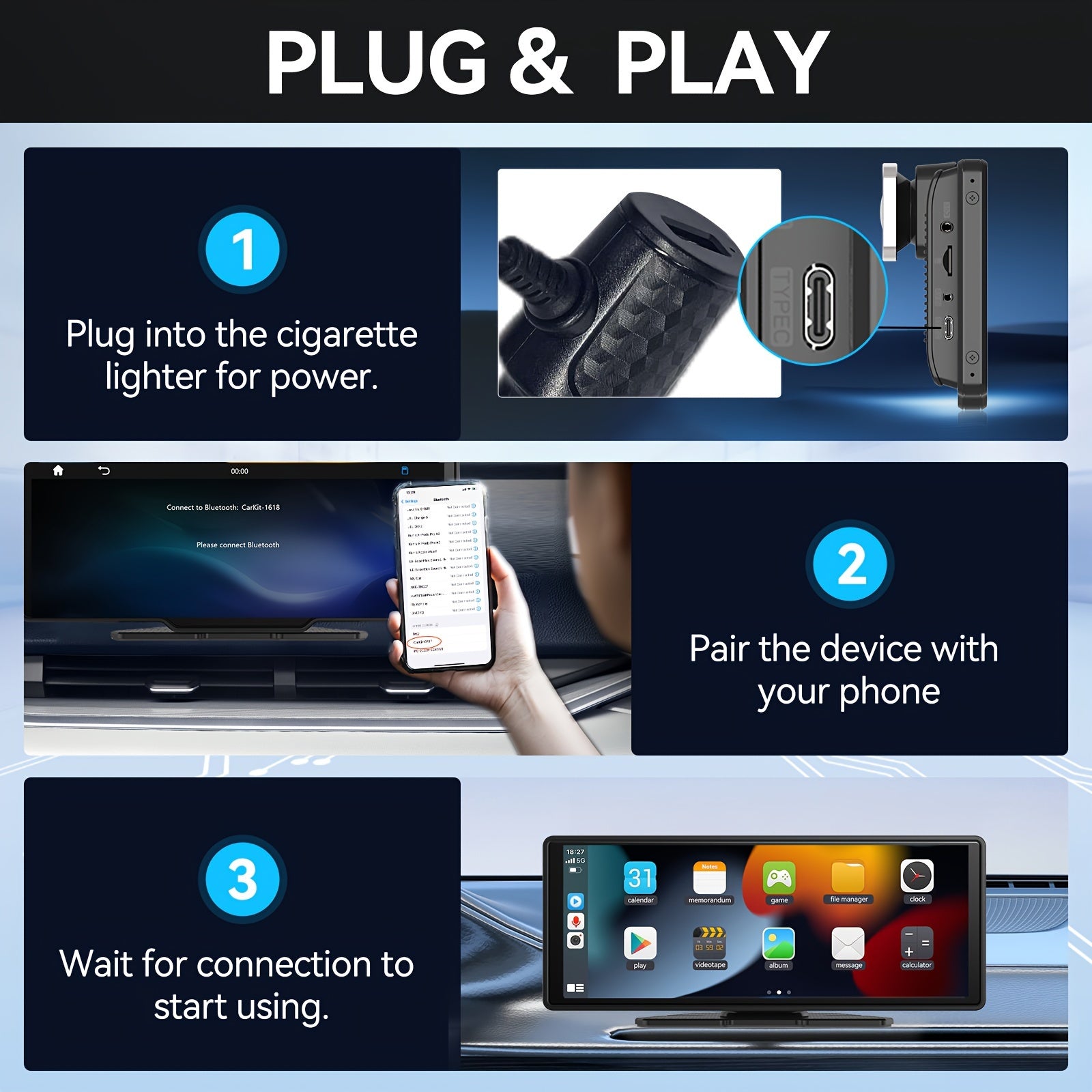 10 Inches Portable Carplayer With 1080p Dash Cam, Mirro Link, Car Audio Receiver With AUX 64G TF Card Voice Control, Phone Holder, Wireless Android Auto Car Play Screen For Car, Voice Control