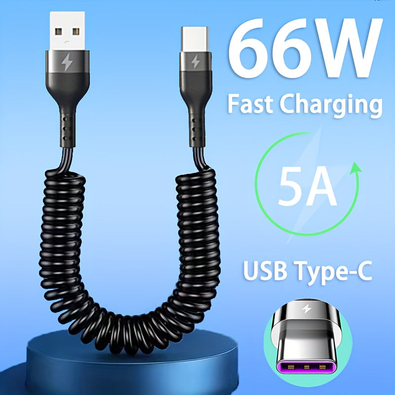 5A 66W USB To Type C Fast Charging Data Cable For Xiaomi Redmi POCO Honor Samsung OPPO VIVO Mobile Phone Charger Accessories Car USB Charge Cable Spring Telescopic USB C Cord Max Stretch 39.37inch/59.06inch