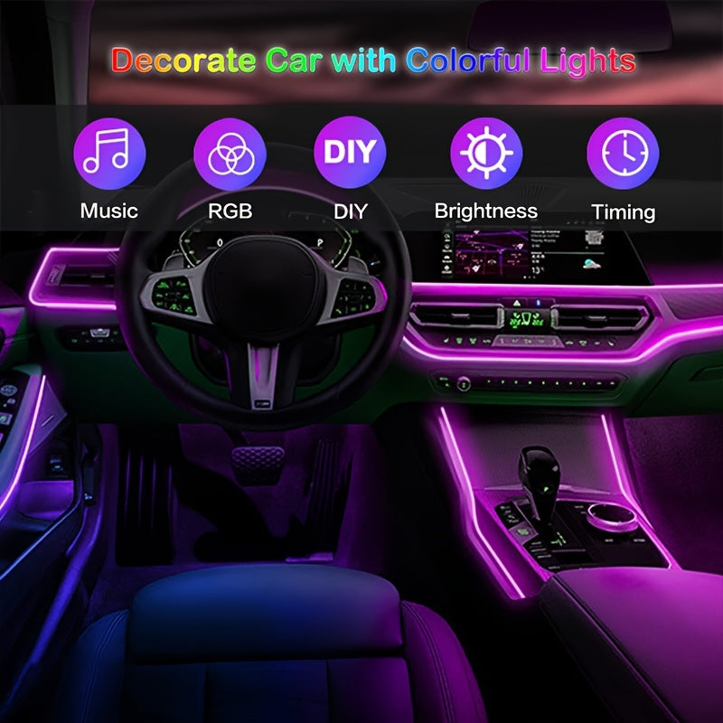 1 Set Interior Car LED Strip Lights, Kit with Wireless App, RGB 5 in 1 Ambient Lighting Kits with 236 inches Fiber Optic, 16 Million Colors Car Neon Lights, Sync to Music, Universal 5V 12V
