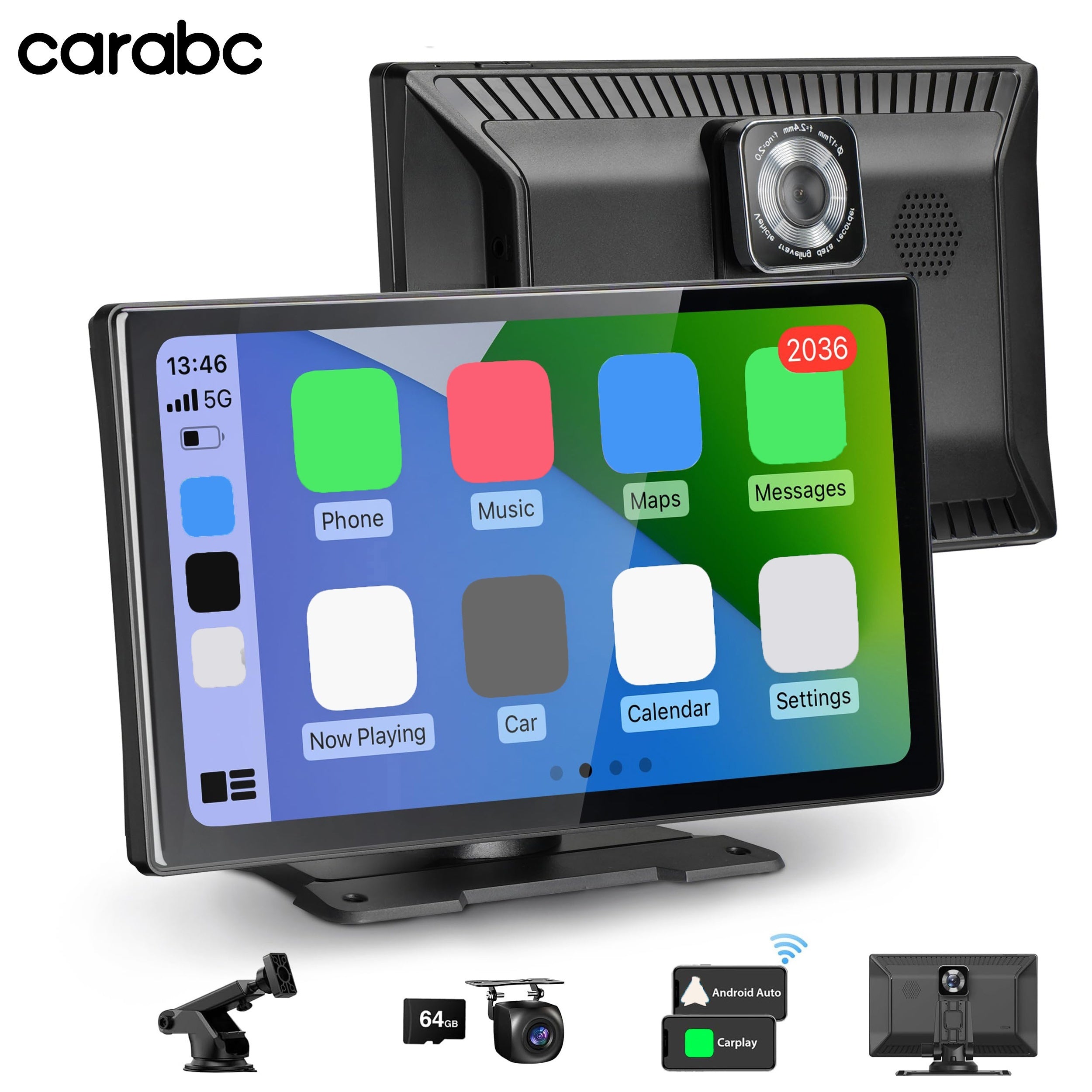 9'' 4K Wireless CarPlay & Android Auto Touchscreen Carabc with Dash Cam, GPS Navigation, Mirror Link, FM, Voice Control