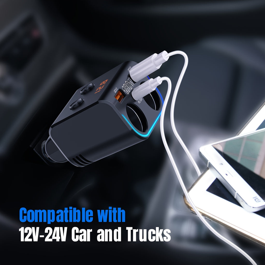Dual QC3.0 Cigarette Lighter USB Charger 180W Car USB Charger with QC3.0 & PD Car Phone Charger Cigarette Lighter Splitter with LED Voltage Display For Phone, iPad, GPS, Dash Cam and More