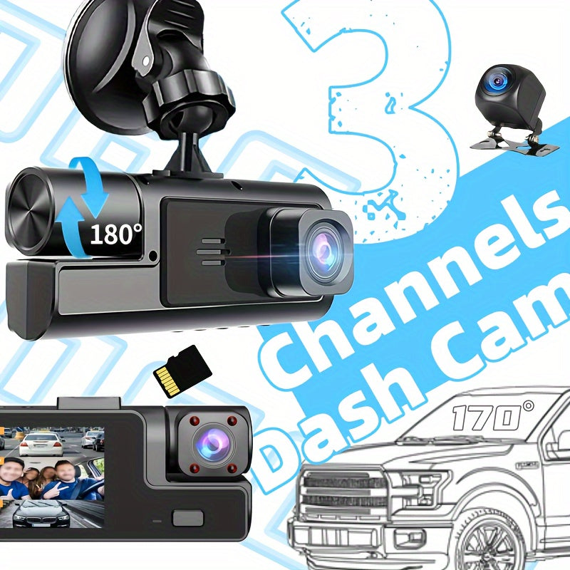 3 Channels Dash Camera For Cars, FHD 1080P Car Driving Recorder, Dash Cam With Reversing Camera, Super Night Vision Black Box, Loop Recording, G-sensor, Motion Detection, Parking Monitor