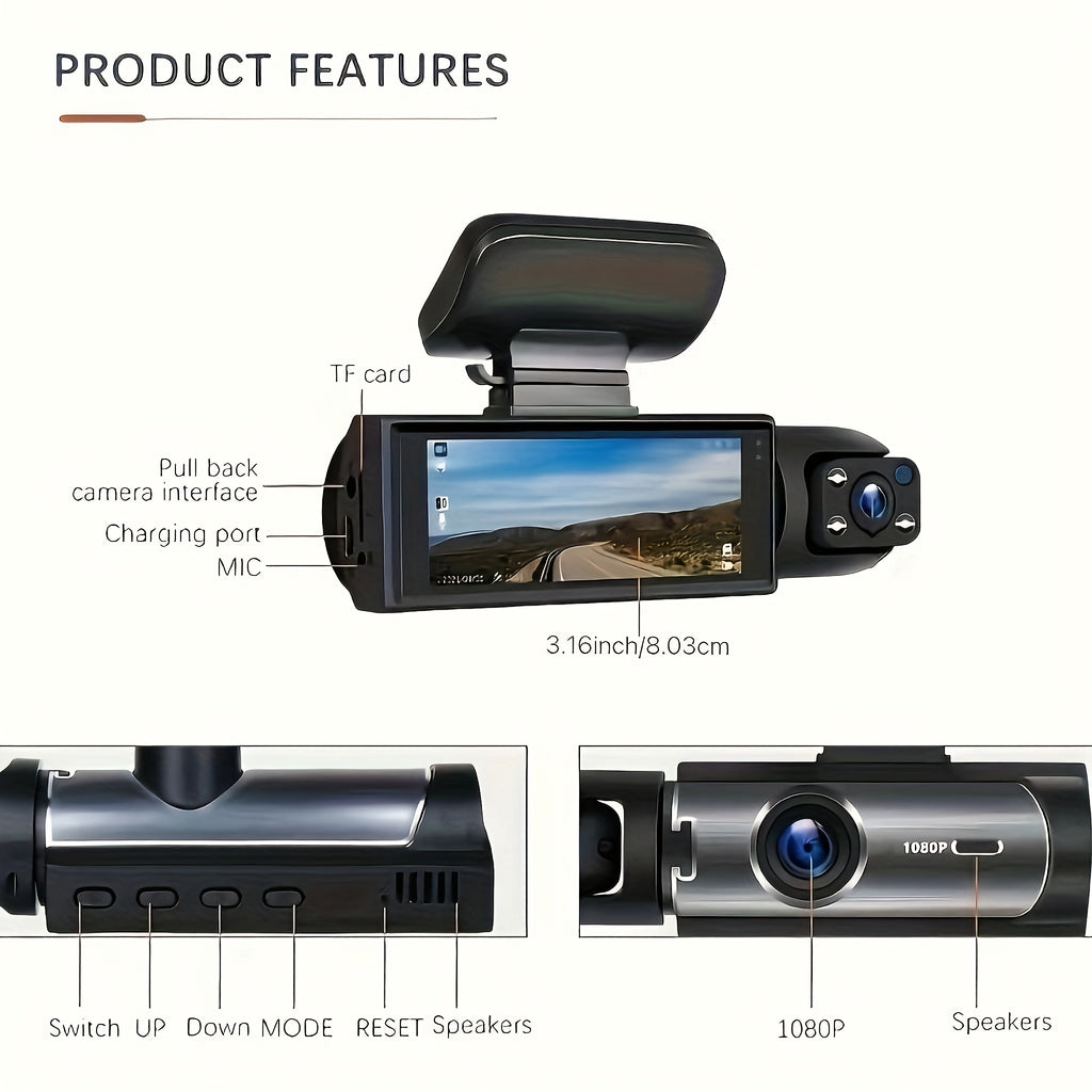 [1080P Dual Camera Dash Cam] 1080P Dual Camera Dash Cam with IR Night Vision, Loop Recording, Wide Angle Lens - 3.16 Inch IPS Screen, 32GB SD Card Optional