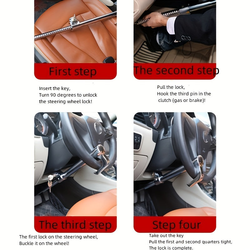 Universal Fit Anti-Theft Steering Wheel Lock - Durable Aluminum Alloy, Extendable Dual Hook, Clutch and Throttle Brake Security Device for Cars, Trucks, and Commercial Vehicles - Easy to Use and High Visibility Deterrent