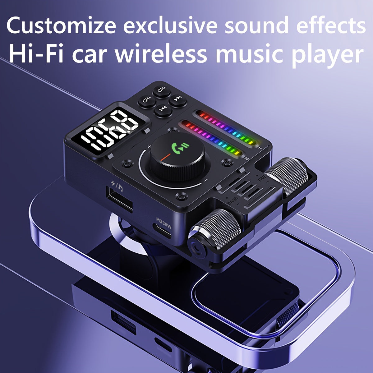JaJaBor FM Transmitter: Boost Your Car Audio with Treble & Bass Control, 30W Fast Charging, and Hands-Free Wireless Kit