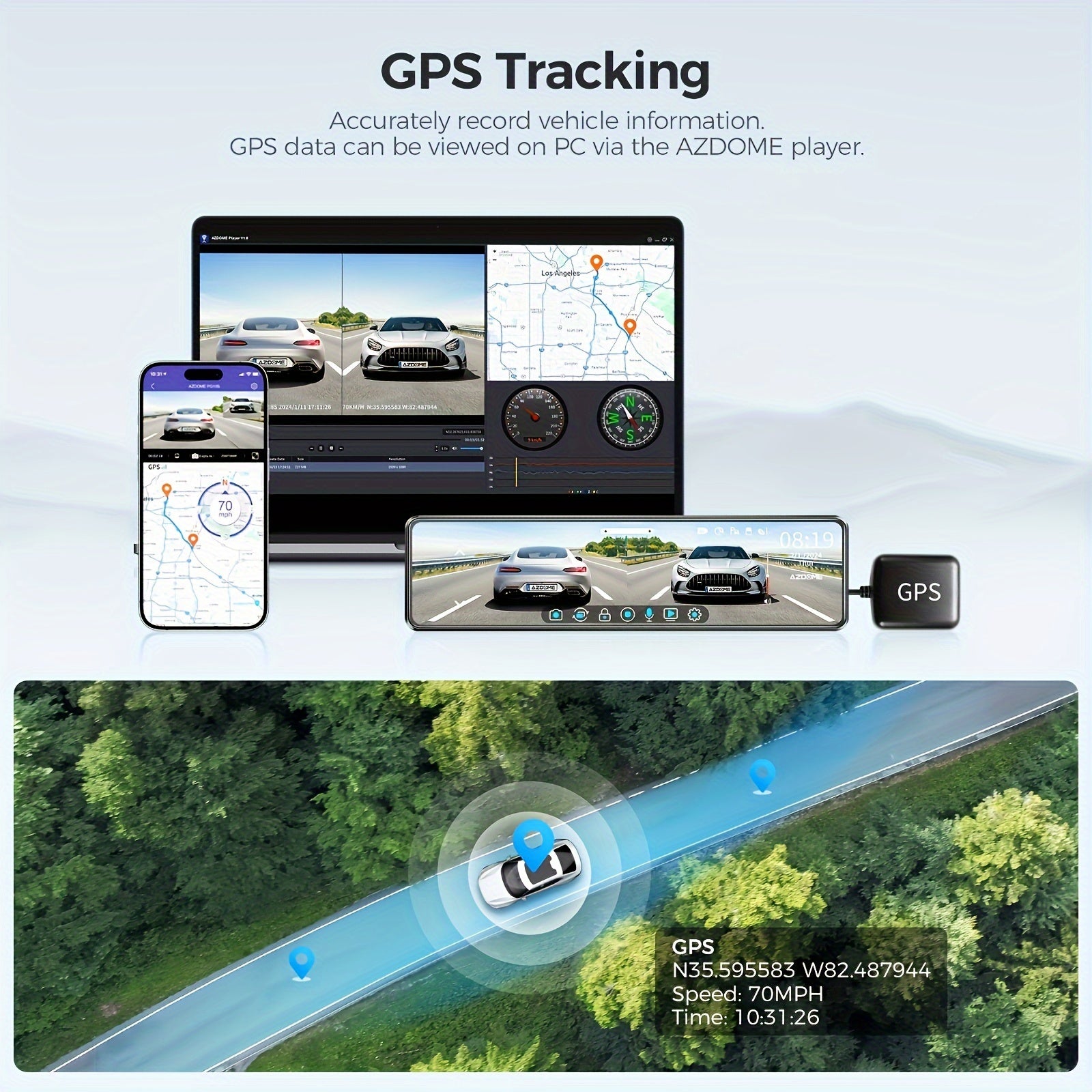 4K AZDOME PG19X  Full Touchscreen Dash Cam 12" with GPS, Split-Screen Display Rear View Mirror Camera, Front and Rear 4K+1080P Dual Car Recorder Built-in Parking Monitor, Night Vision, Loop Recording, 64GB Card, Easy to Insta