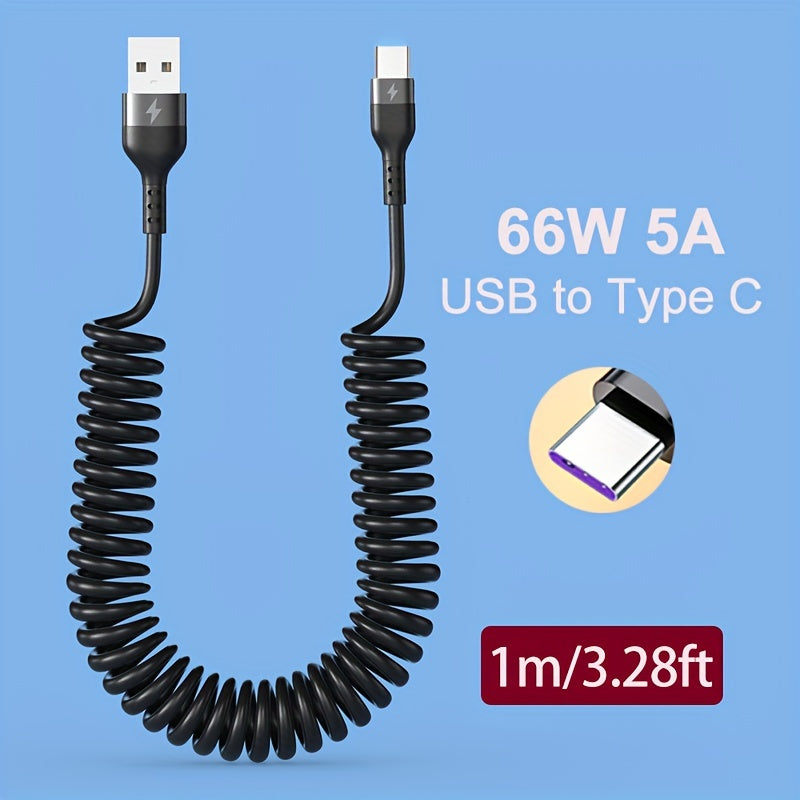 5A 66W USB To Type C Fast Charging Data Cable For Xiaomi Redmi POCO Honor Samsung OPPO VIVO Mobile Phone Charger Accessories Car USB Charge Cable Spring Telescopic USB C Cord Max Stretch 39.37inch/59.06inch