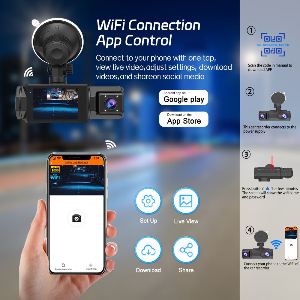 32GB 2.0 Inch IPS Screen 3-Channel Dash Cam - Wide 170° Angle, WIFI, Loop Recording, G-Sensor, Front Inside Rear Camera - Night Vision, Motion Detection, Parking Monitor, and More