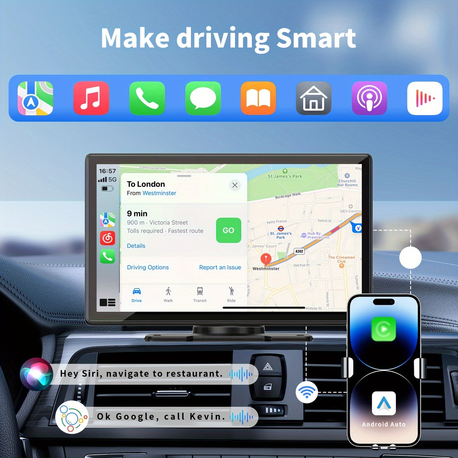 9-Inch Portable Wireless Car Player - Car Video with 4K Dash Cam, 64G TF Card, Android Auto Car Play, Voice Control, Phone Holder, Mirro Link, Navigation Screen and Upgraded Car Audio Receiver