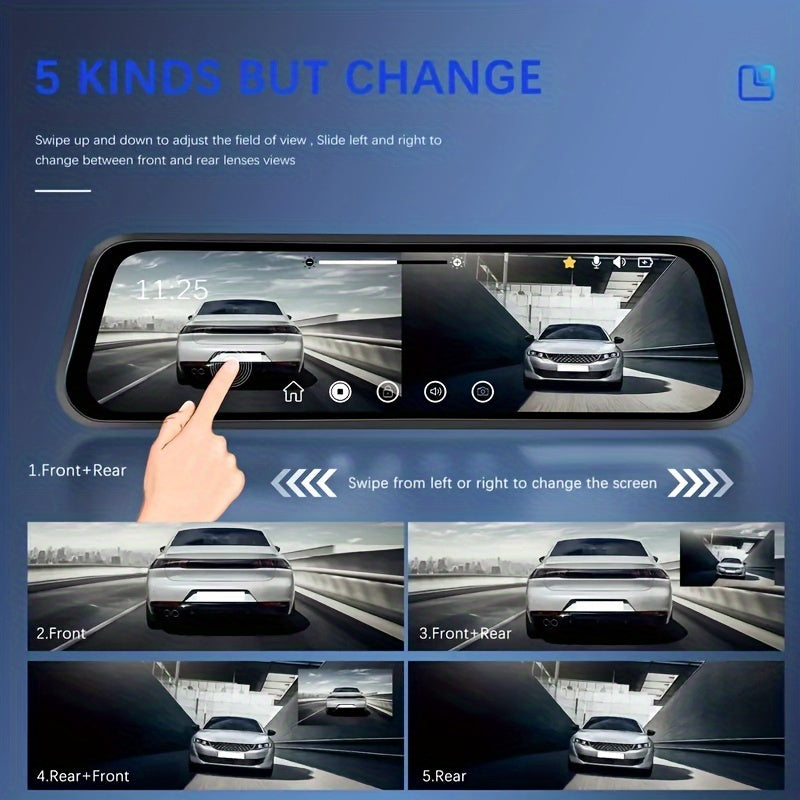 1080P HD 9.66 Inch; Mirror Dash Cam Front And Rear, With Touch Screen/ G-sensor/Night Version/ Loop Recording, 32GB Card Optional.