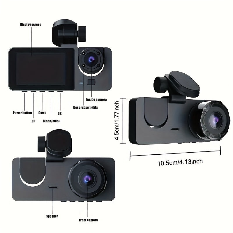 32G 3Lens HD Dash Cam Car DVR, Front Inside Rear Wide Angle Night Vision Camera with G-sensor and Loop Recording