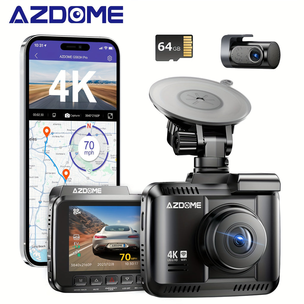 AZDOME GS63H Pro 4K Dash Cam Front And Rear, Built-in GPS, Speed, 5G WiFi Dash Camera For Cars, 2160P UHD 30fps Dashcam With APP, 2.4" IPS Screen, WDR, 64GB Card Included, Super Night Vision, 24H Parking Mode
