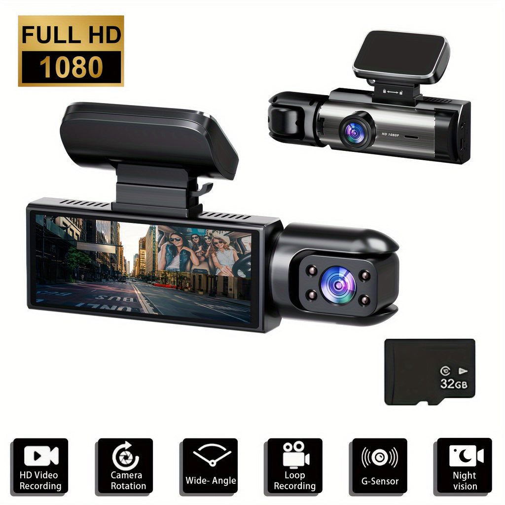 1080P Dual Camera Dash Cam For Cars With IR Night Vision, Loop Recording, And Wide Angle Lens-3.16 Inch IPS Screen, 32GB Card Optional.