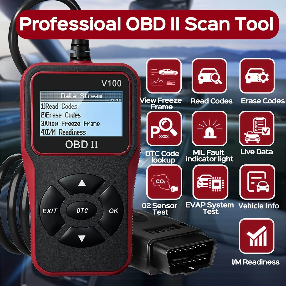 1pc V100 OBD2 Scanner, USB Powered Car Fault Code Reader, Engine Diagnosis Tool for OBD II Protocol Vehicles Since 1996, I/M Readiness, Battery Voltage Test, Code Read & Erase Functions, Without Battery