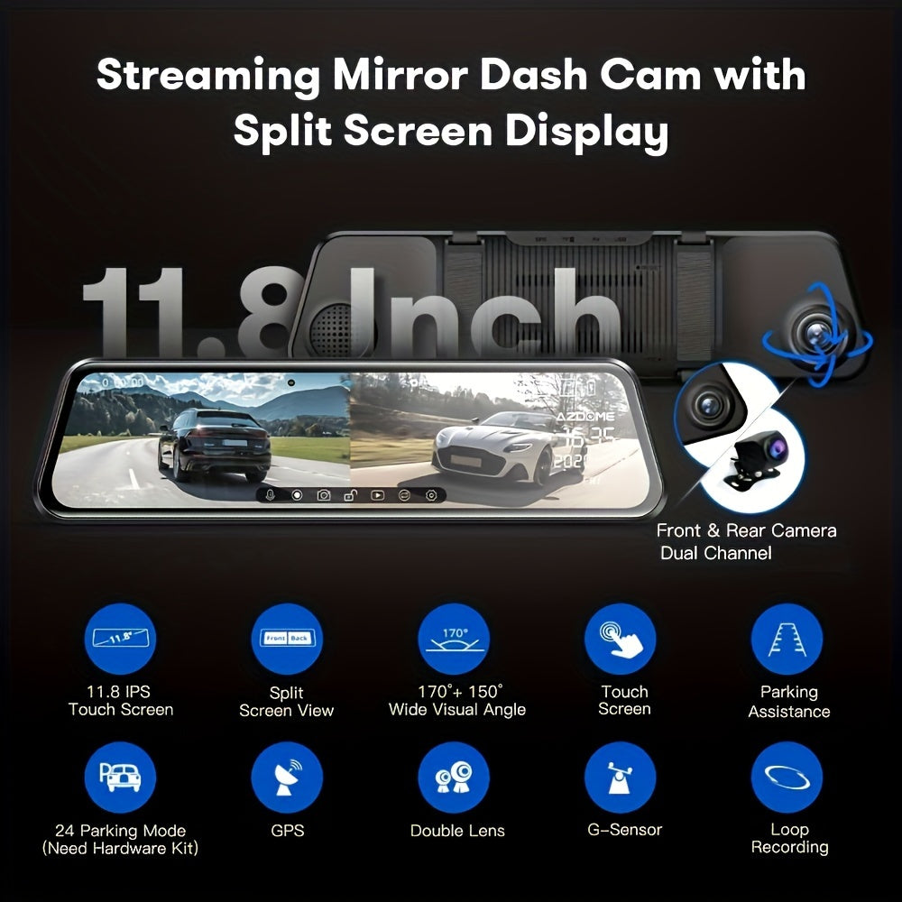 2K UHD Mirror Dash Cam With Backup Cam, AZDOME PG17 12'' Touch Screen Camera for Cars, Front 170° and Rear 150° Wide Visual Angle, Split Screen View Built WiFi, Super Night Vision, Parking Assistance, GPS, WDR, 64G Card Inc