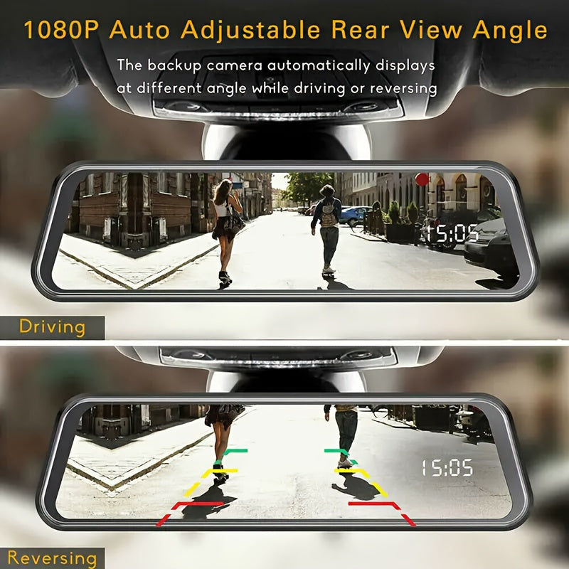 1080P HD 9.66 Inch; Mirror Dash Cam Front And Rear, With Touch Screen/ G-sensor/Night Version/ Loop Recording, 32GB Card Optional.