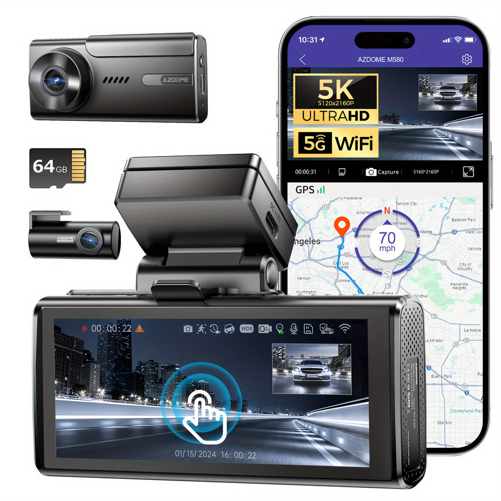 5K M580 Dual Dash Cam - 4-Inch Touch Screen, 150°+140° Wide Angle, 4K Front and 1080P Rear Cameras, Built-in 5G WiFi, GPS, Time-Lapse, 4 Advanced Parking Modes, Screensaver Optional, Easy Installation, Universal Fit for Car