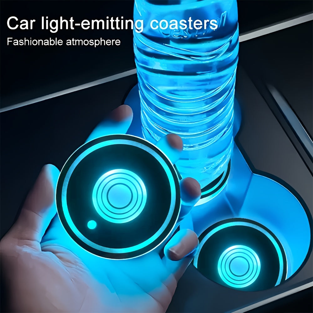 2pcs Round Car LED Luminous Coaster with LED Neon Lights, Intelligent Sensing Color Atmosphere Light Coaster, USB Rechargeable Coaster, Holiday, Party Decoration Coaster, Car Interior Accessories, Bar Decoration, Home Decorat