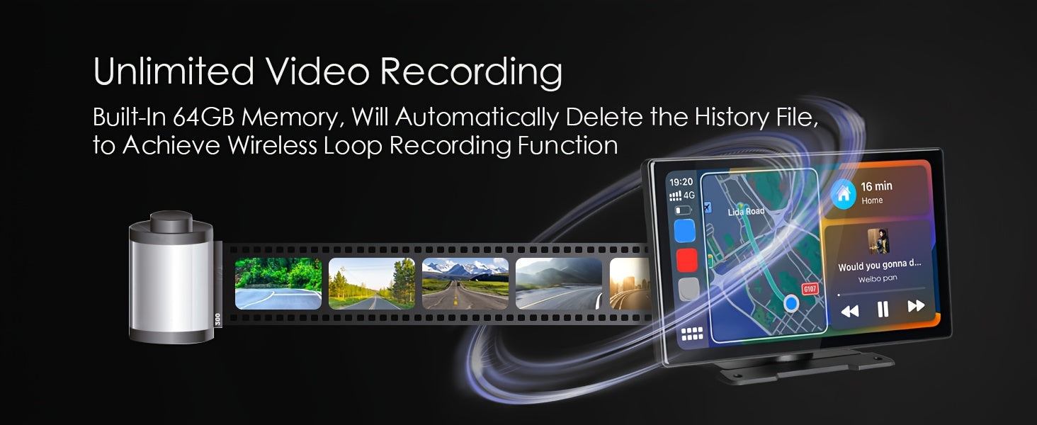 9'' 4K Wireless CarPlay & Android Auto Touchscreen Carabc with Dash Cam, GPS Navigation, Mirror Link, FM, Voice Control