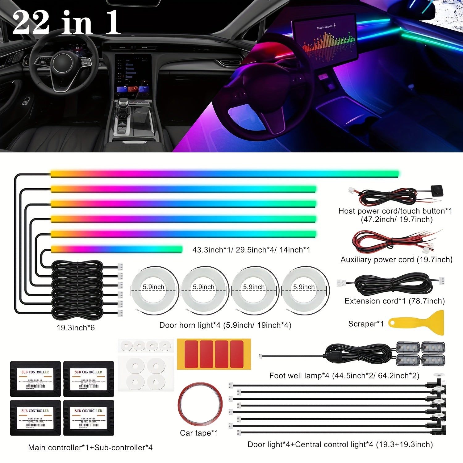 Acrylic Interior Car LED Strip Light With Wireless APP, RGB 22 In 1 With 175 Inches 593 LEDs Fiber Optic Ambient Lighting Kits, 16 Million Colors Sound Active Function Car Neon Lights, Cool Car Chassis Atmosphere Lights For N