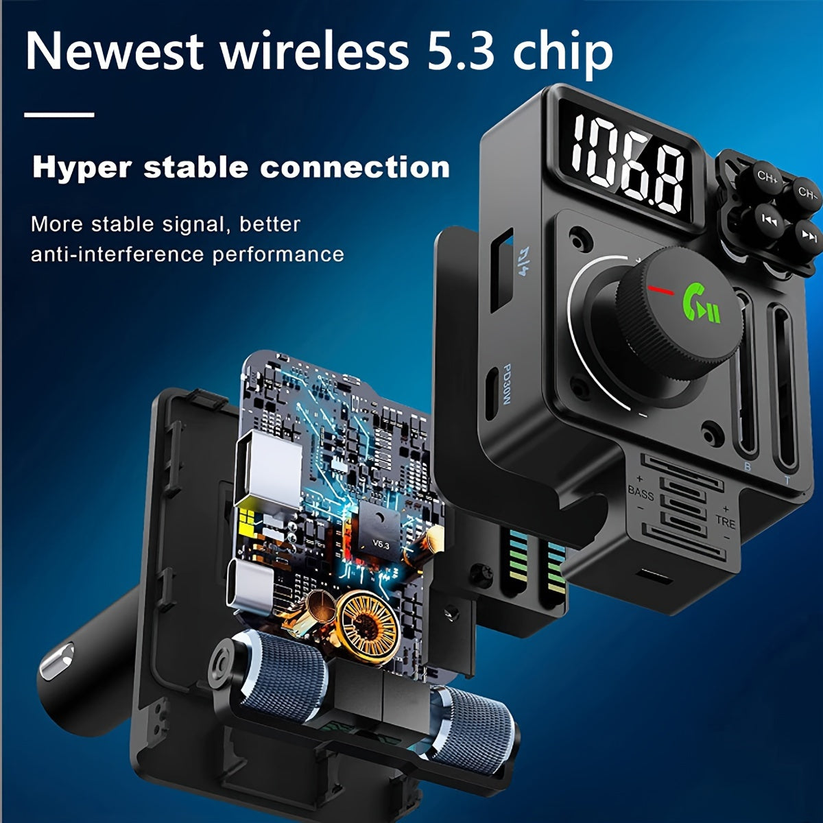 JaJaBor FM Transmitter: Boost Your Car Audio with Treble & Bass Control, 30W Fast Charging, and Hands-Free Wireless Kit