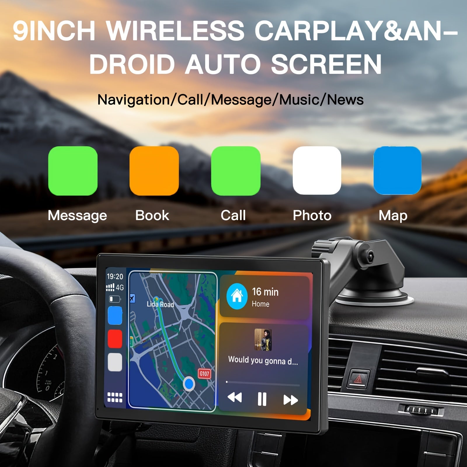 9'' 4K Wireless CarPlay & Android Auto Touchscreen Carabc with Dash Cam, GPS Navigation, Mirror Link, FM, Voice Control