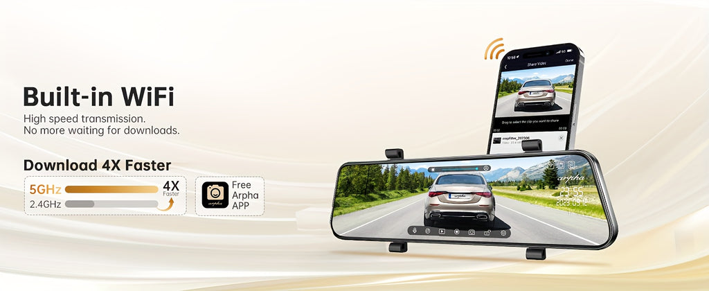 10'' Rear View Mirror Full Touch Screen Mirror Dual Camera Dash Cam, Dash Cam Front 1080P And Rear 720P, App Control With WiFi And GPS, English Voice Control, WDR Super Night Vision, Parking Mode(Need To Connect Mini 3-lead H
