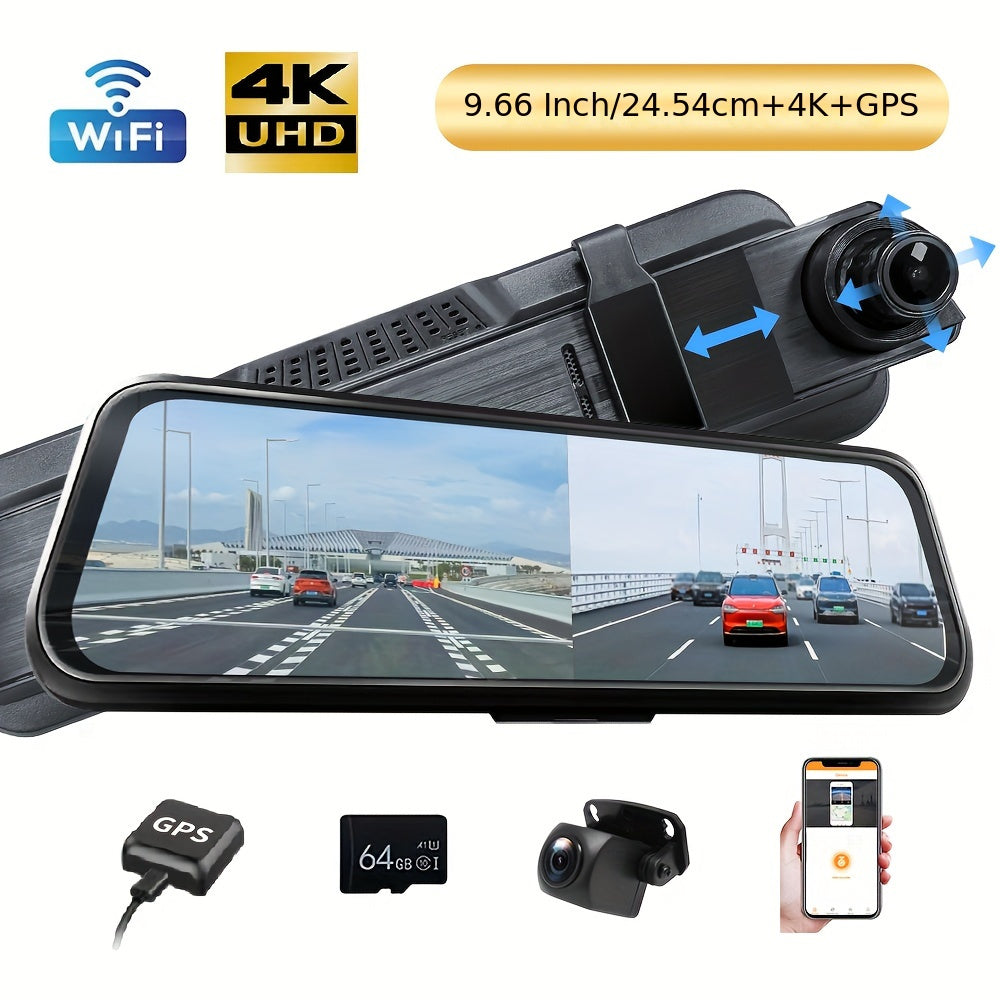 9.66" 4K Mirror Dash Cam Backup Camera, 2160P Full HD Smart Rearview Mirror For Cars & Trucks, Front And Rear View Dual Cameras, Night Vision, Parking Assistance, Included 64GB Card & GPS