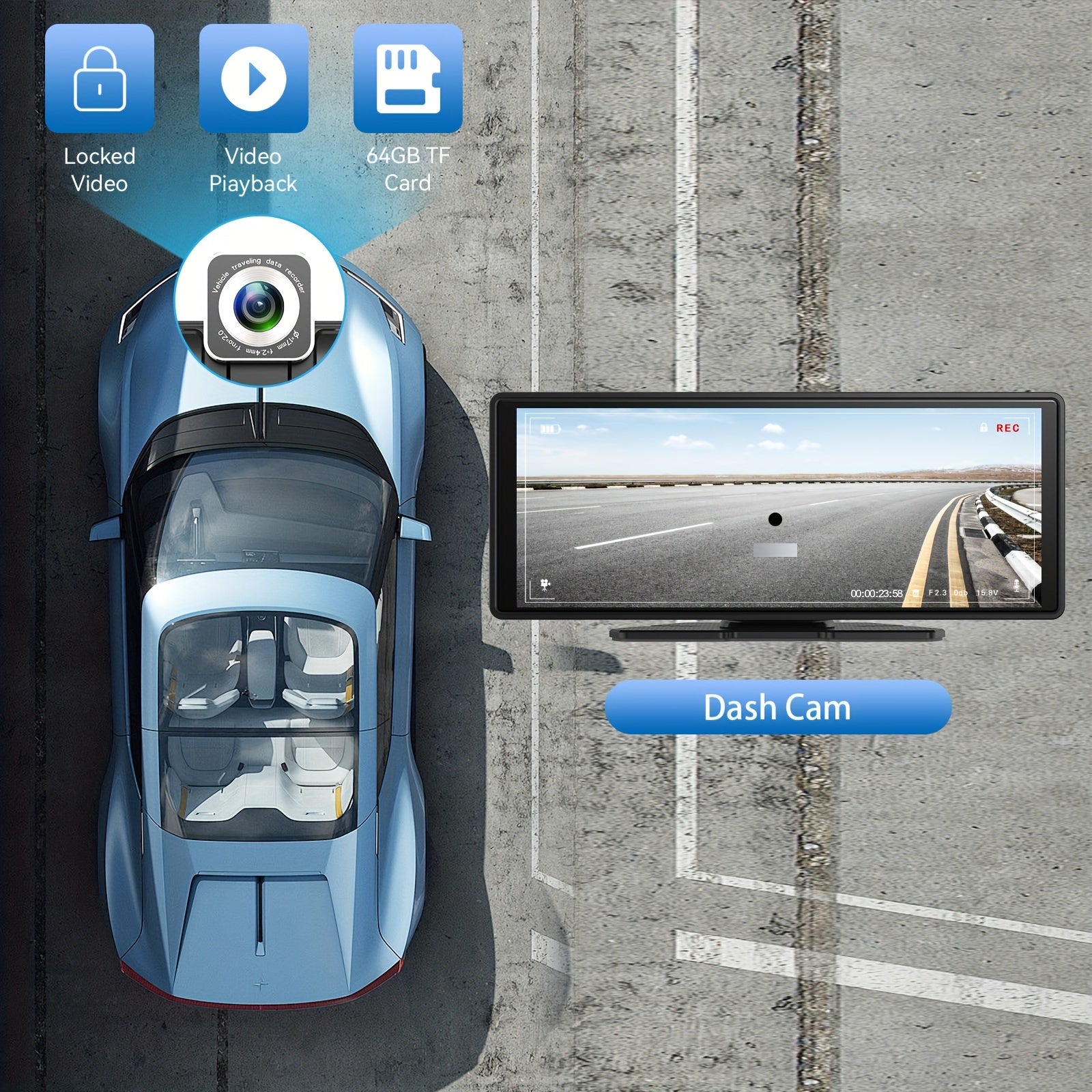10 Inches Portable Carplayer With 1080p Dash Cam, Mirro Link, Car Audio Receiver With AUX 64G TF Card Voice Control, Phone Holder, Wireless Android Auto Car Play Screen For Car, Voice Control