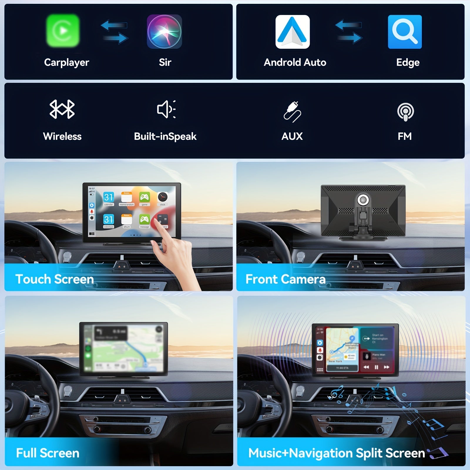 9" Wireless Carplay Screen for Car Stereo - Universal Smart System with Dash Cam, 64G TF Card, GPS Navigation, Mirror Link, FM, Phone Holder Replacement, and Voice Control for All Vehicles