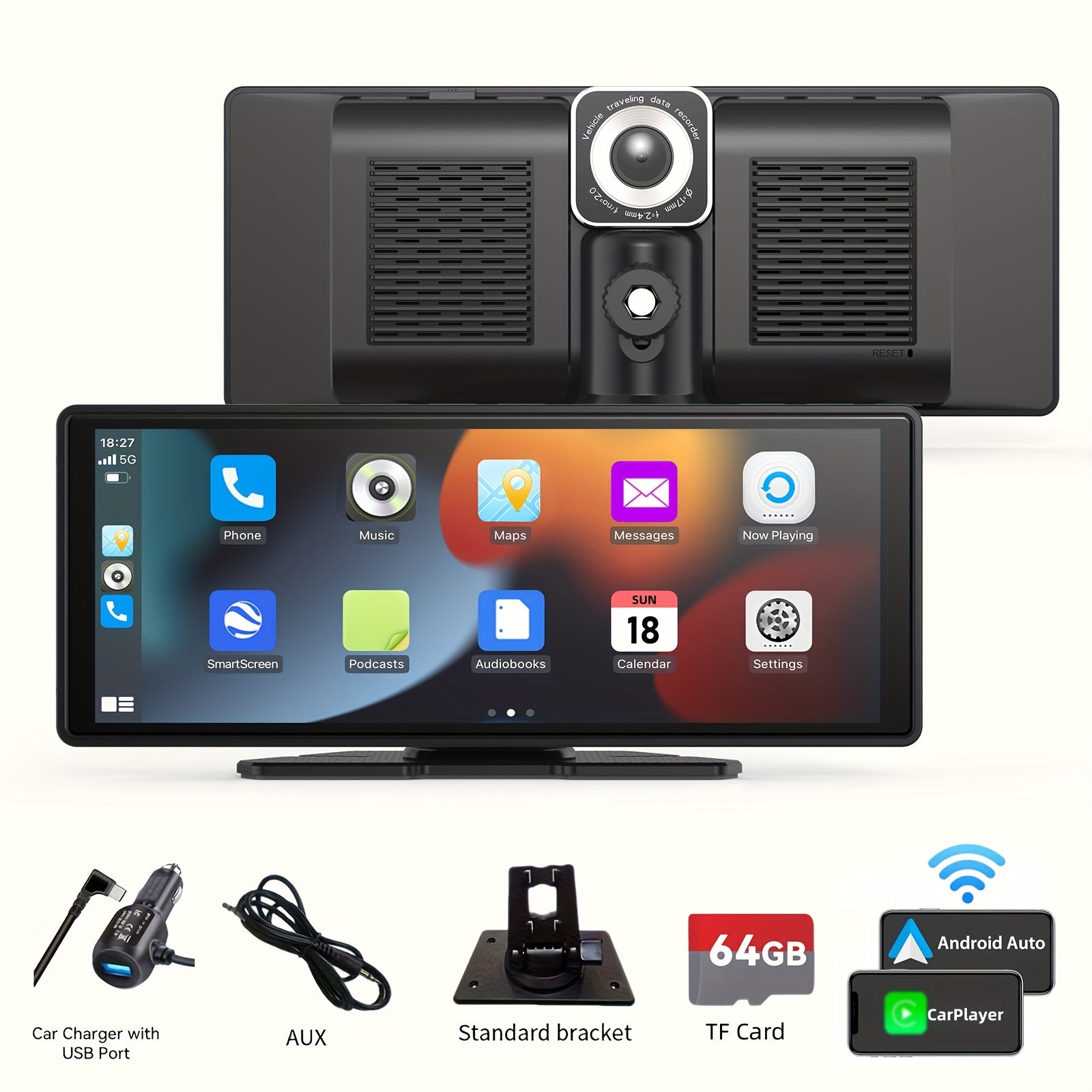 10-Inch Portable Car Player - 4K Dash Cam, Wireless Android Auto Car Play Screen, Voice Control, Mirror Link, Car Audio Receiver with AUX, 64G TF Card, Phone Holder - Upgrade Your Car Entertainment System