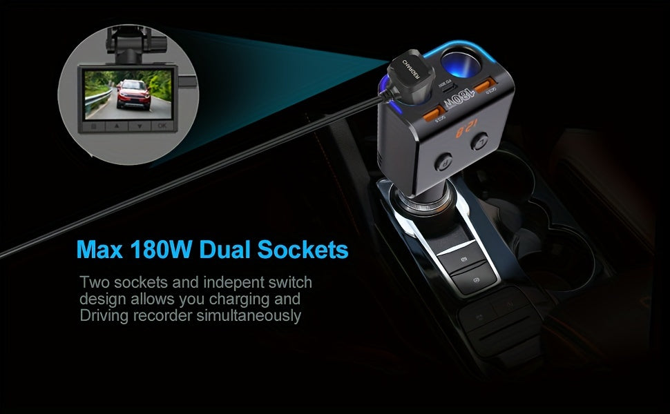 Dual QC3.0 Cigarette Lighter USB Charger 180W Car USB Charger with QC3.0 & PD Car Phone Charger Cigarette Lighter Splitter with LED Voltage Display For Phone, iPad, GPS, Dash Cam and More