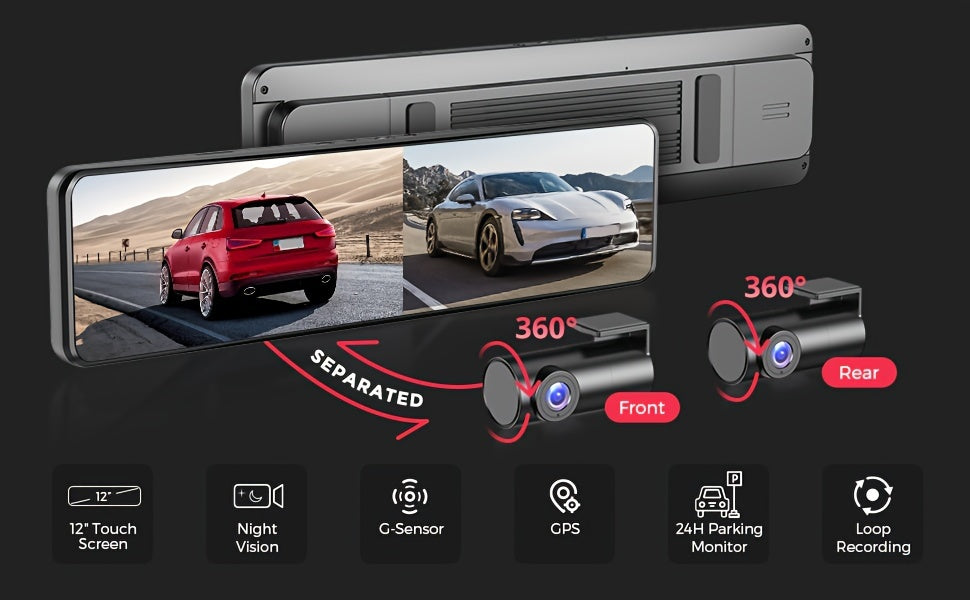 12" FHD 1080P LINGDU Full Touch Screen Mirror Dash Cam with Detached Camera, Super Night Vision, Front and Rear Dual Cameras, Flexible Installation, Backup View Mirror Camera, Includes 64GB Card