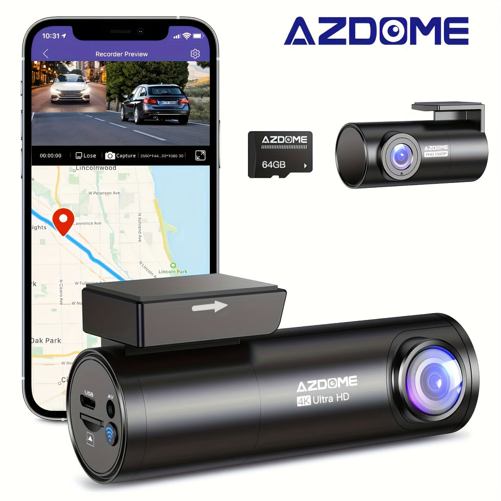 AZDOME M300S 4K UHD Dash Cam - Dual 170° Wide Angle, 5G WiFi, GPS, Voice Control, WDR, G-Sensor, Parking Monitor, 64GB Card Included
