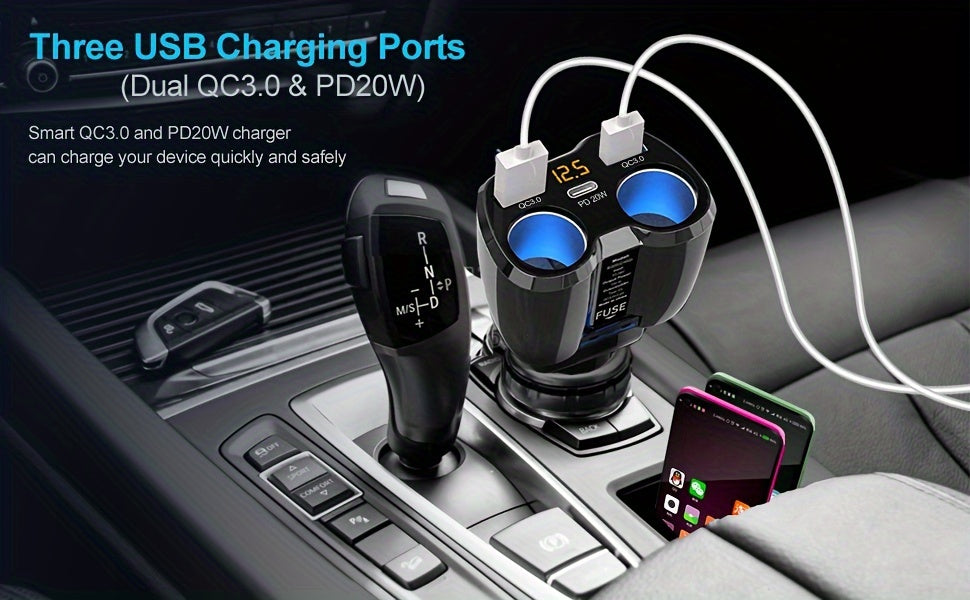 Cigarette Lighter Adapter, 150W 2 Sockets Car Cigarette Lighter Splitter Dual QC3.0 and 20W PD Type C Ports 12/24V Car Charger with ON/Off Switch for iPhone iPad Android Dash Cam