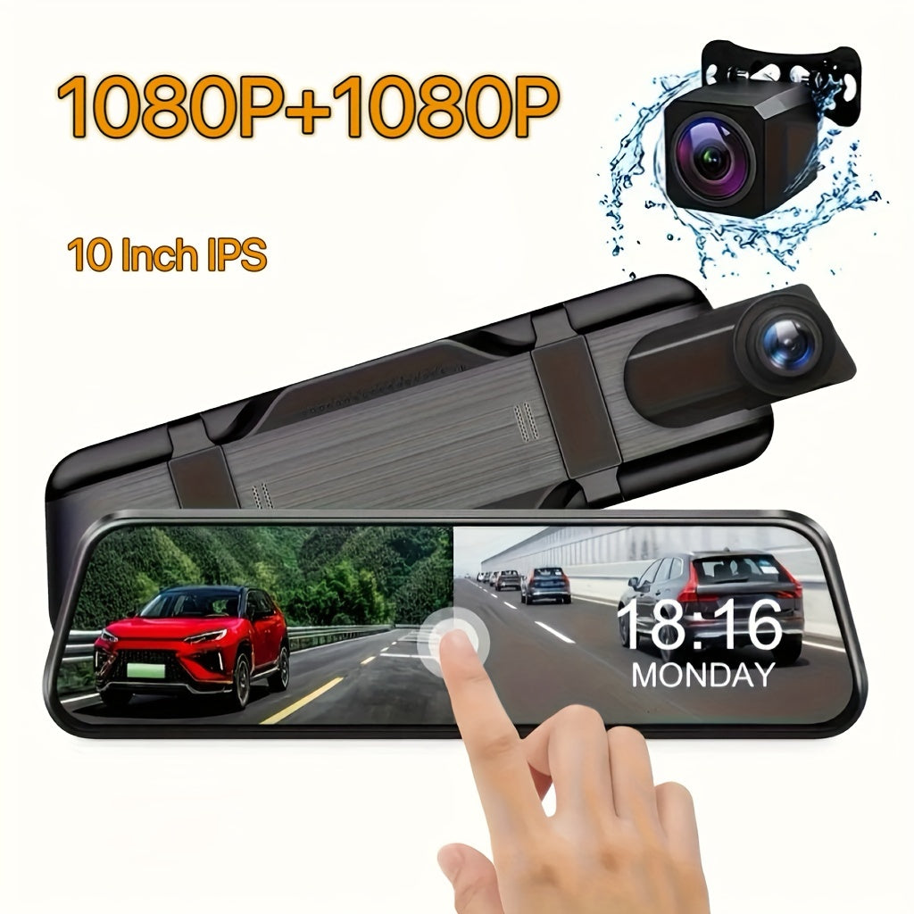 1080P HD 9.66 Inch; Mirror Dash Cam Front And Rear, With Touch Screen/ G-sensor/Night Version/ Loop Recording, 32GB Card Optional.