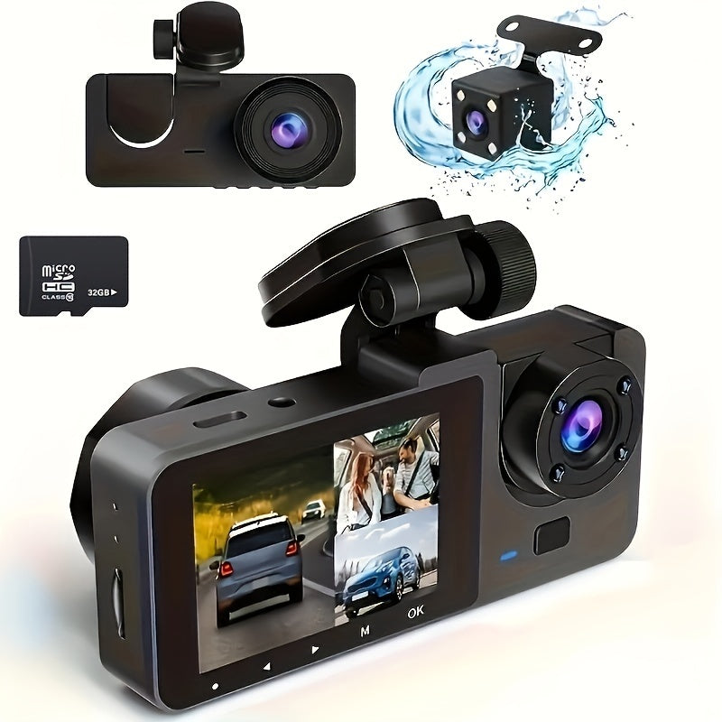 32G 3Lens HD Dash Cam Car DVR, Front Inside Rear Wide Angle Night Vision Camera with G-sensor and Loop Recording