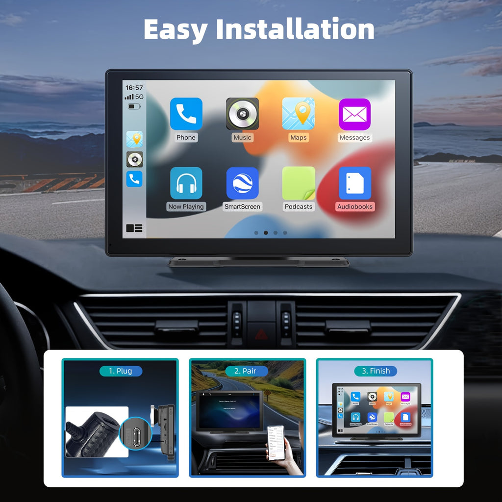 9-Inch Portable Wireless Car Player - Car Video with 4K Dash Cam, 64G TF Card, Android Auto Car Play, Voice Control, Phone Holder, Mirro Link, Navigation Screen and Upgraded Car Audio Receiver