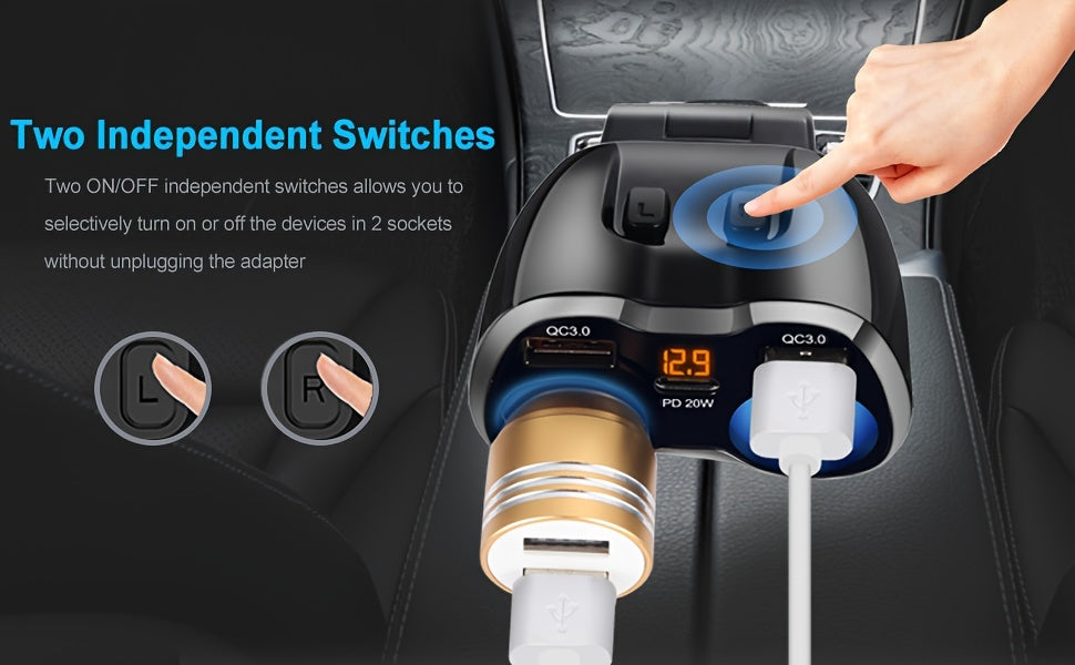 Cigarette Lighter Adapter, 150W 2 Sockets Car Cigarette Lighter Splitter Dual QC3.0 and 20W PD Type C Ports 12/24V Car Charger with ON/Off Switch for iPhone iPad Android Dash Cam