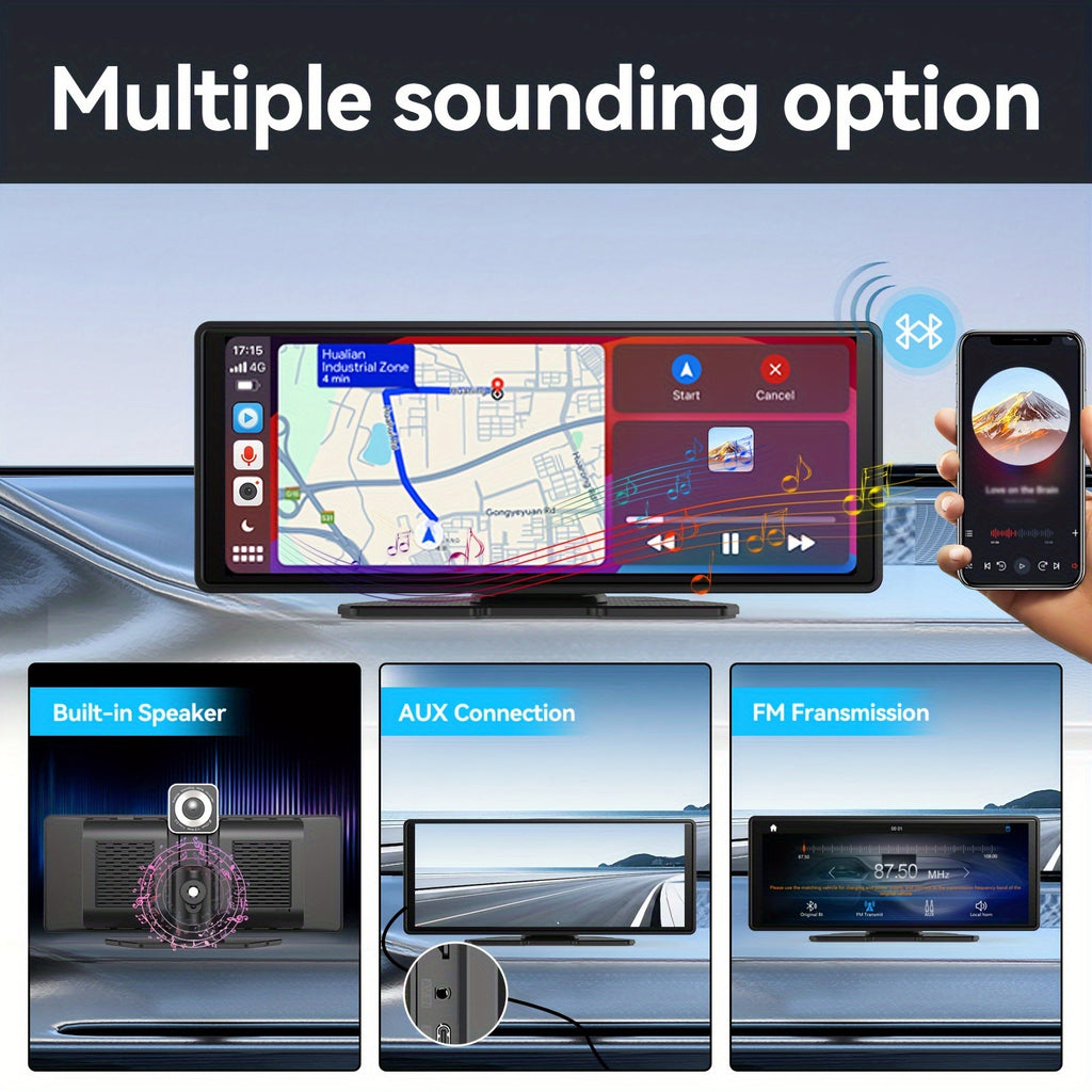 10-Inch Portable Car Player - 4K Dash Cam, Wireless Android Auto Car Play Screen, Voice Control, Mirror Link, Car Audio Receiver with AUX, 64G TF Card, Phone Holder - Upgrade Your Car Entertainment System