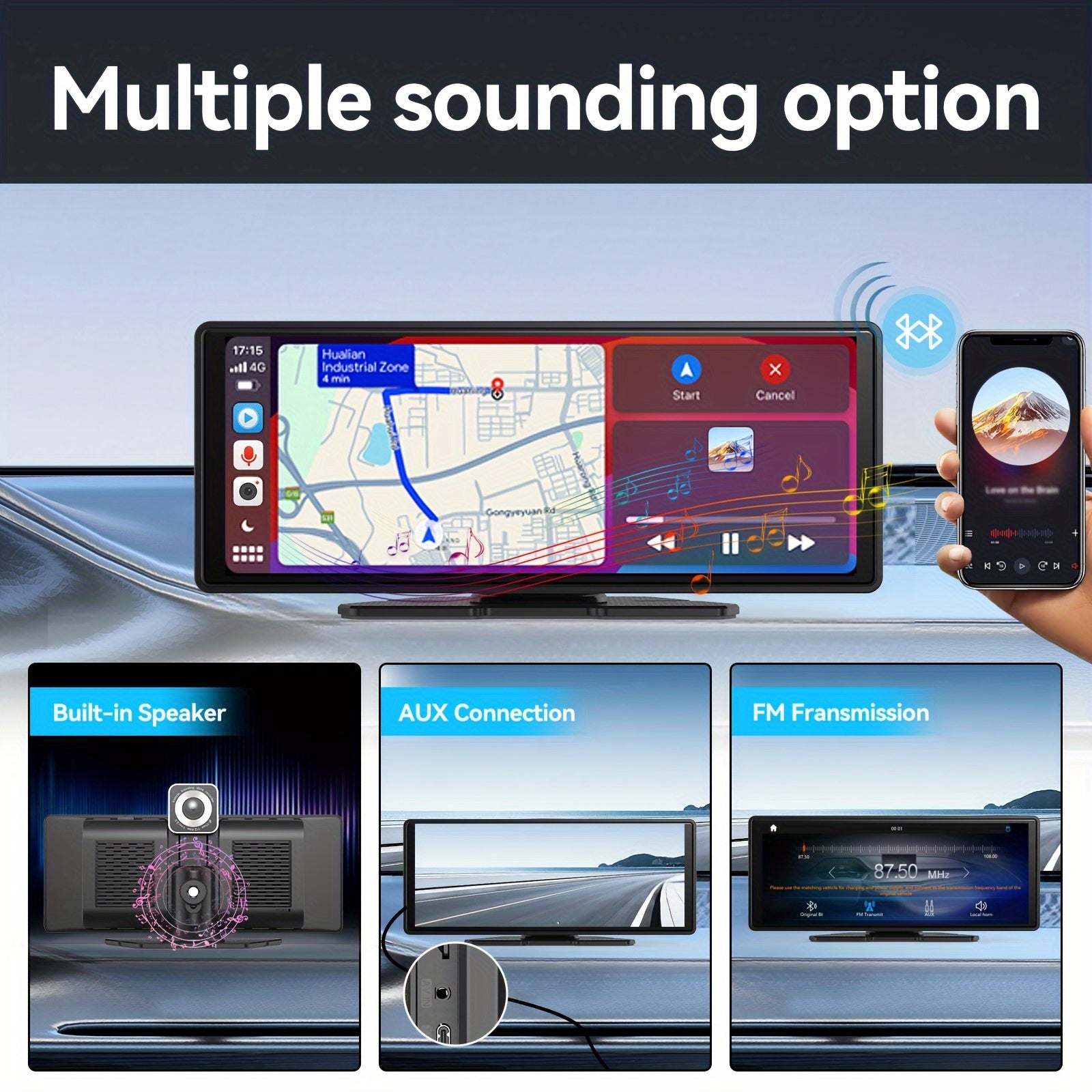 10-Inch Portable Car Player - 4K Dash Cam, Wireless Android Auto Car Play Screen, Voice Control, Mirror Link, Car Audio Receiver with AUX, 64G TF Card, Phone Holder - Upgrade Your Car Entertainment System