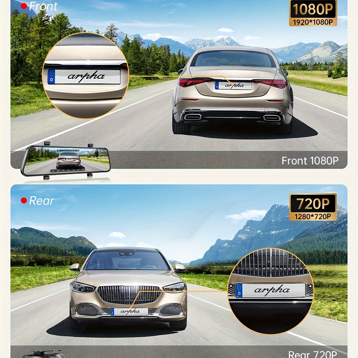 10'' Rear View Mirror Full Touch Screen Mirror Dual Camera Dash Cam, Dash Cam Front 1080P And Rear 720P, App Control With WiFi And GPS, English Voice Control, WDR Super Night Vision, Parking Mode(Need To Connect Mini 3-lead H