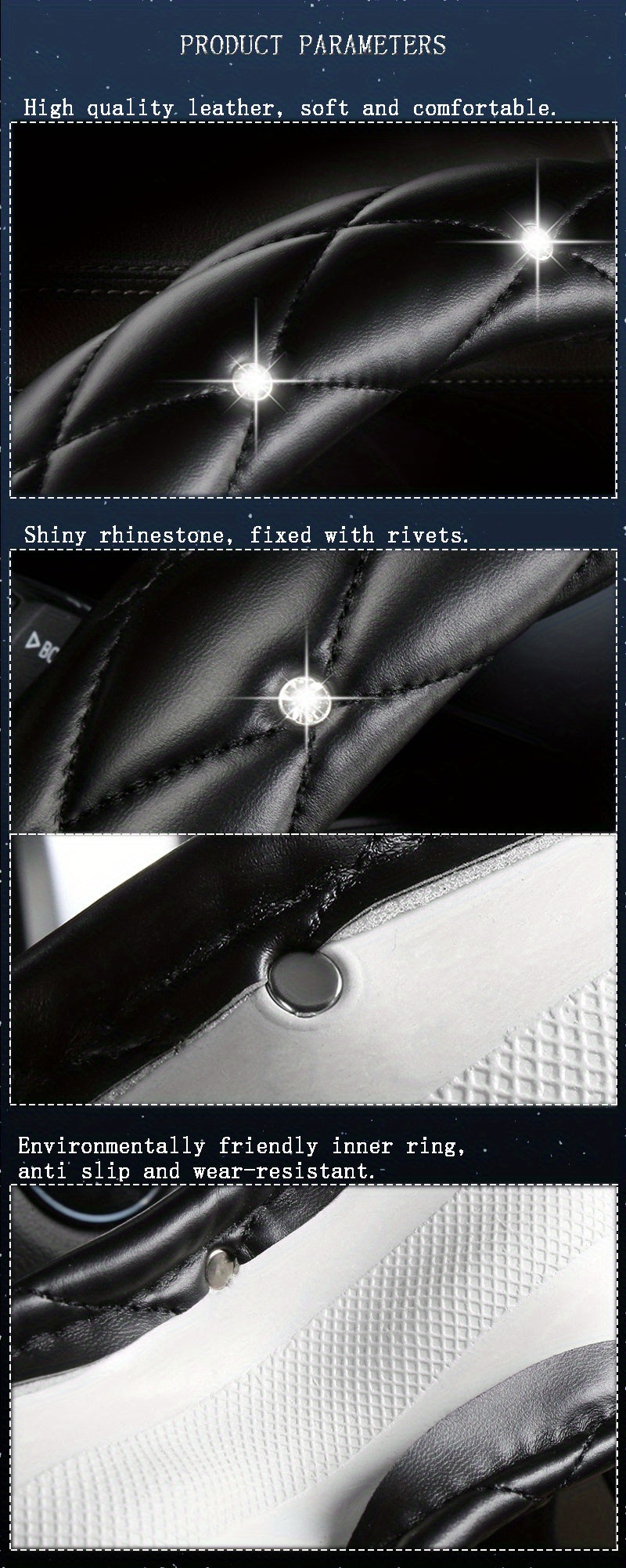 New Style, Rhinestone Inlaid, Artificial Diamond Grid PU Leather Car Steering Wheel Cover, soft And Comfortable, Suitable For Women And Girls.