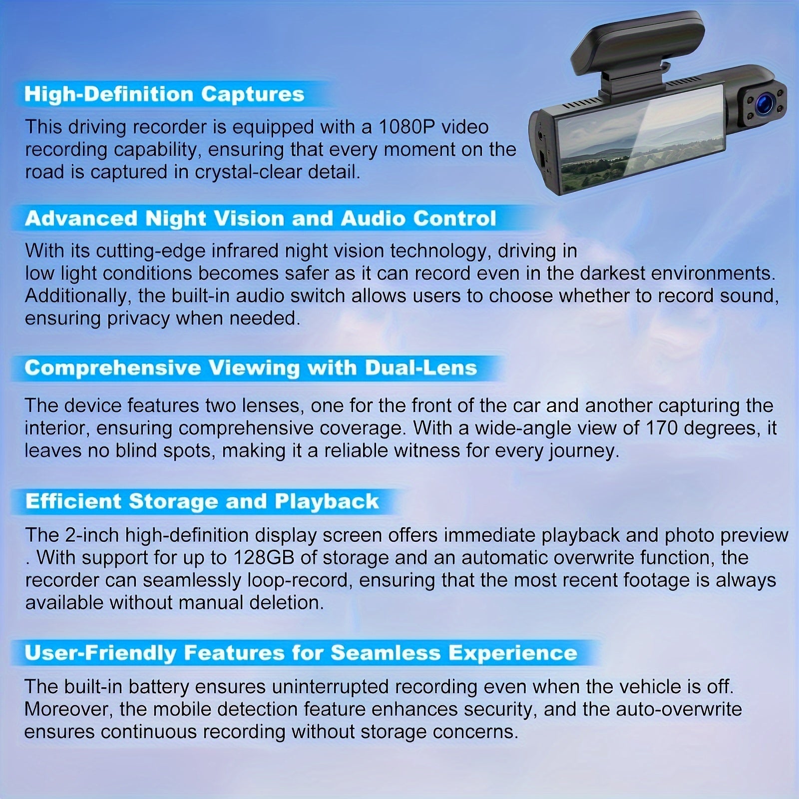 1080P Dual Camera Dash Cam For Cars With IR Night Vision, Loop Recording, And Wide Angle Lens-3.16 Inch IPS Screen, with 32GB SD Card Optional.