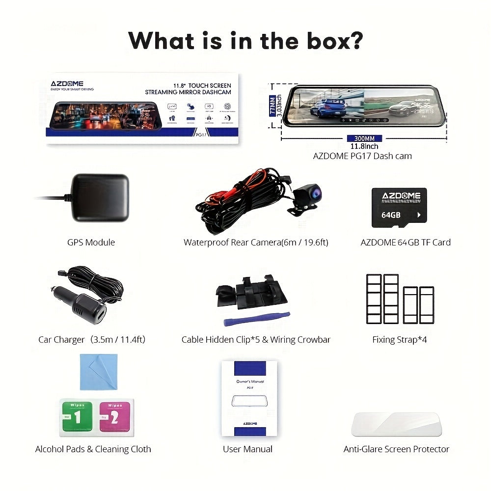 2K UHD Mirror Dash Cam With Backup Cam, AZDOME PG17 12'' Touch Screen Camera for Cars, Front 170° and Rear 150° Wide Visual Angle, Split Screen View Built WiFi, Super Night Vision, Parking Assistance, GPS, WDR, 64G Card Inc