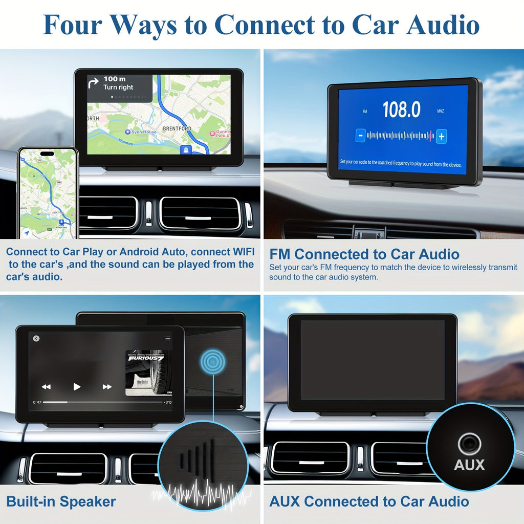 Portable Car Play Screen For Car, 7'' IPS Touch Screen With 4K Dash Cam, Wireless Android Auto Screen, 1080P Backup Camera, Voice Control, Mirror Link, GPS Navigation For Cars, Trucks, SUVs