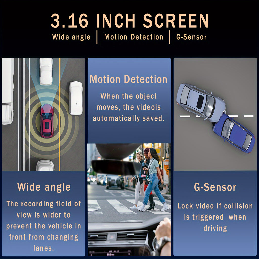 1080P Dual Camera Dash Cam For Cars With IR Night Vision, Loop Recording, And Wide Angle Lens-3.16 Inch IPS Screen, 32GB Card Optional.
